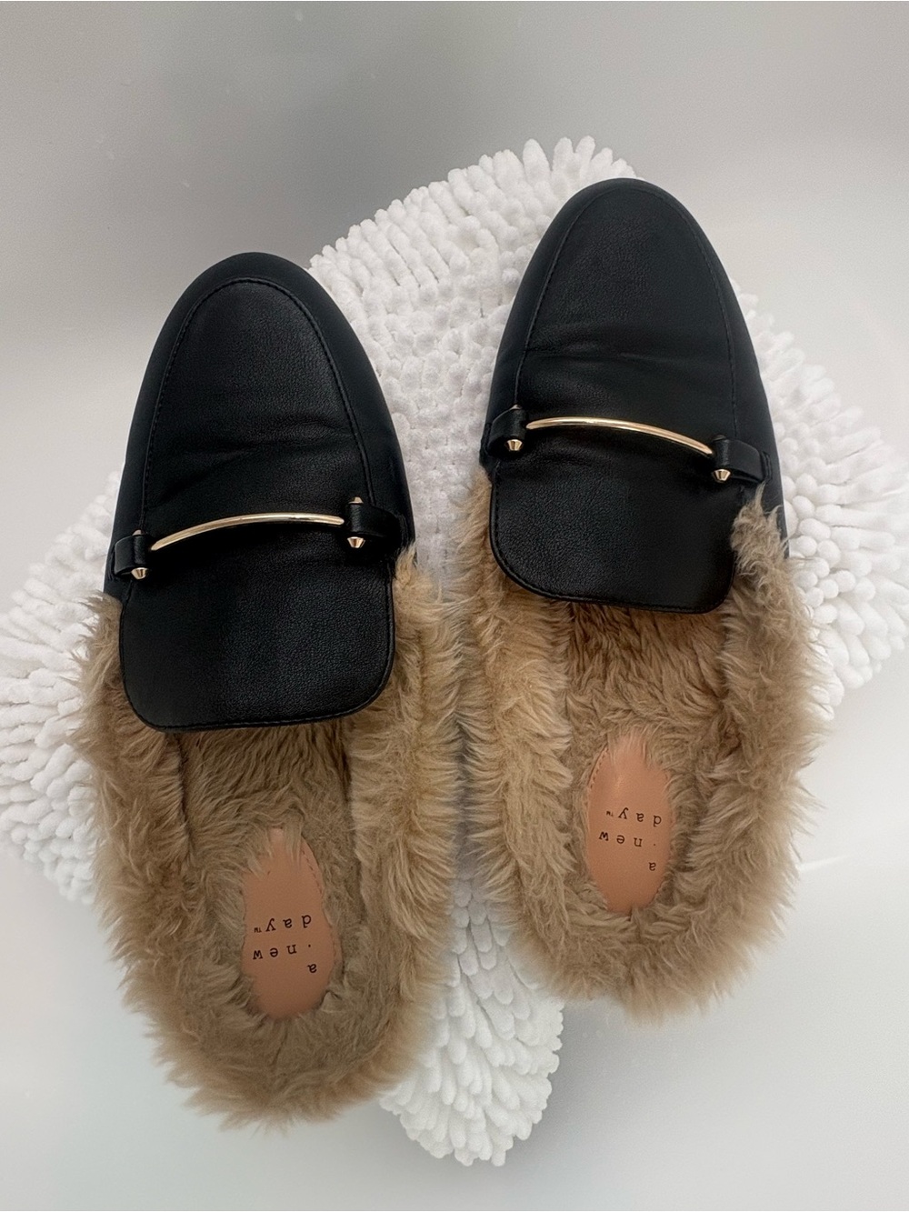 A New Day Black Faux-Fur Lined Slip-On Mules with Gold Bar